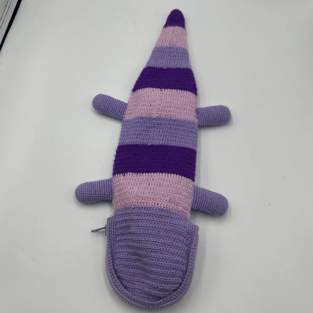 Handmade Crochet Dinosaur Dragon Zip Pouch Coin‎ Purse Bag Purple Stripe Cute